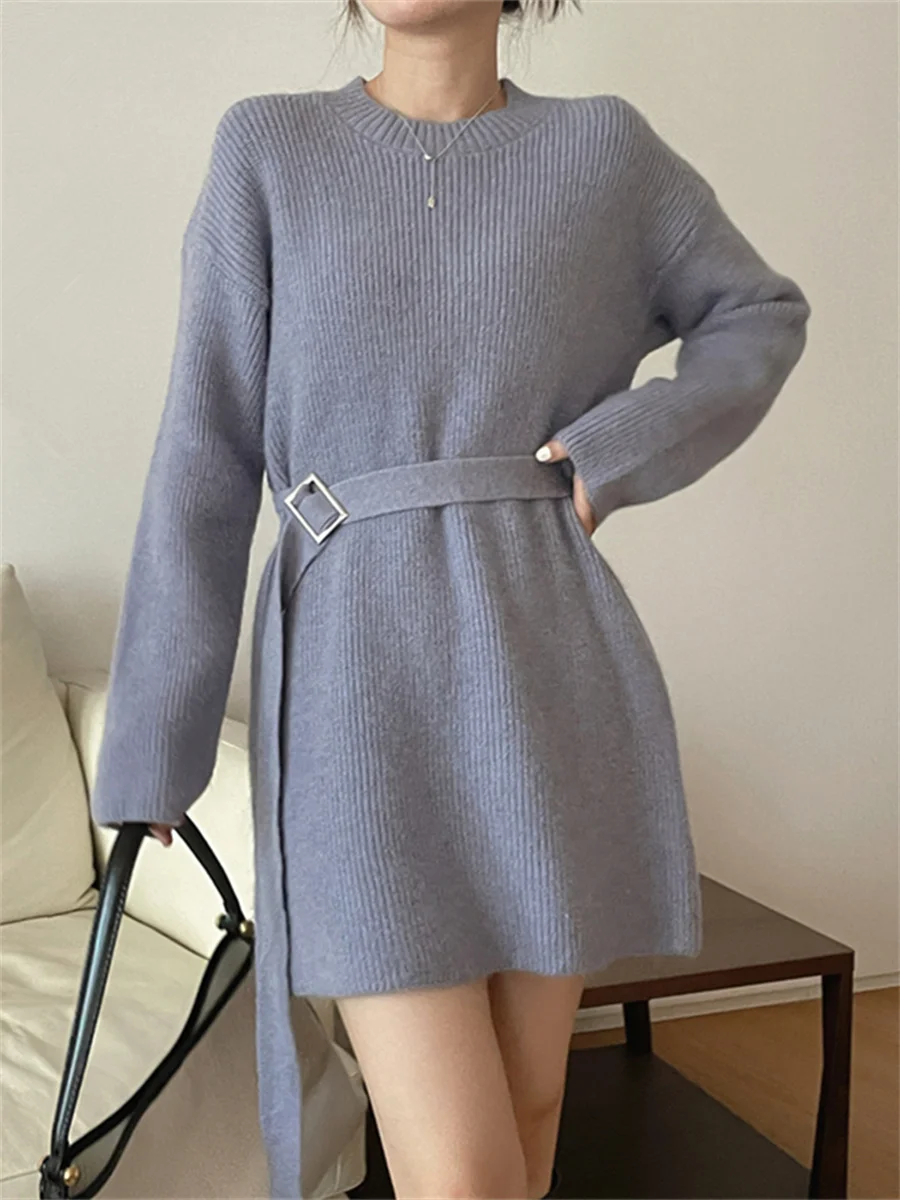 

Платье-Свитер Новинка 2022 шикарная корейская модная одежда на шнуровке с высокой талией винтажные элегантные женские вязаные мини-платья на...