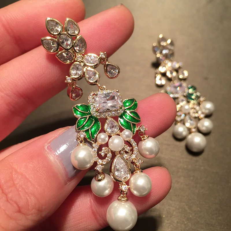 

Pearl earrings female long retro court style leaves fringe earrings