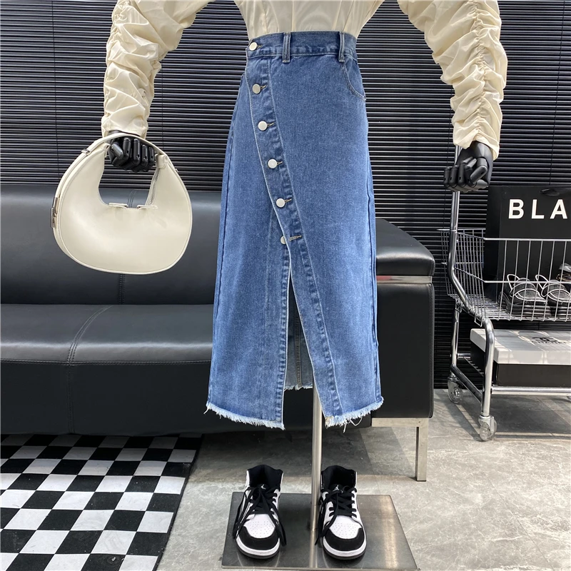 

High Waist Oblique Breasted Slit Frayed Personalized Denim Skirt for Women 2022 Spring New Fashion All-Match A- Line Midi Jupe