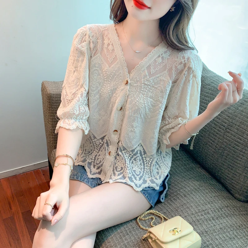 

Slim Fit Chiffon Women's Blouse Summer Lace Solid Shirt Short Sleeve Casual Top Female 2023 Fashion New V-Neck Clothing