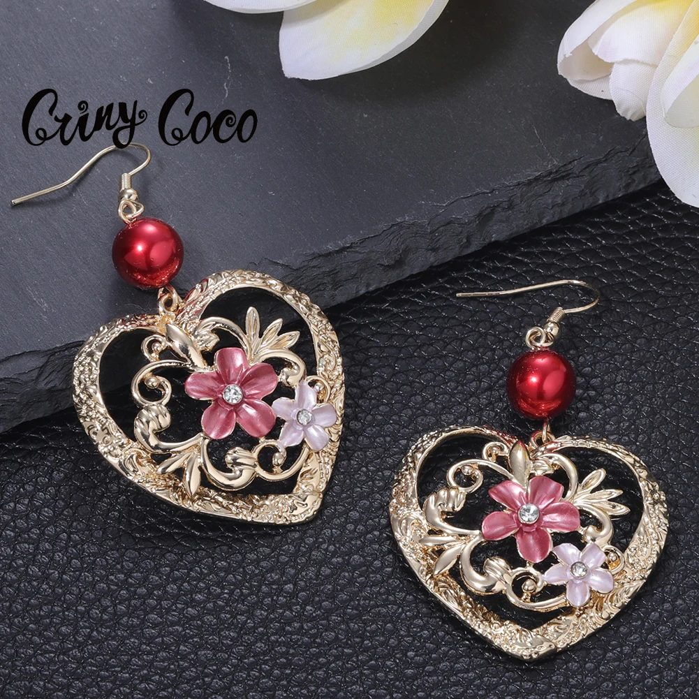 

Cring Coco Polynesian Flowers Earrings Hawaiian Samoa Fashion Plumeria Rubra Drop Earring Trendy Heart Dangle Earrings for Women