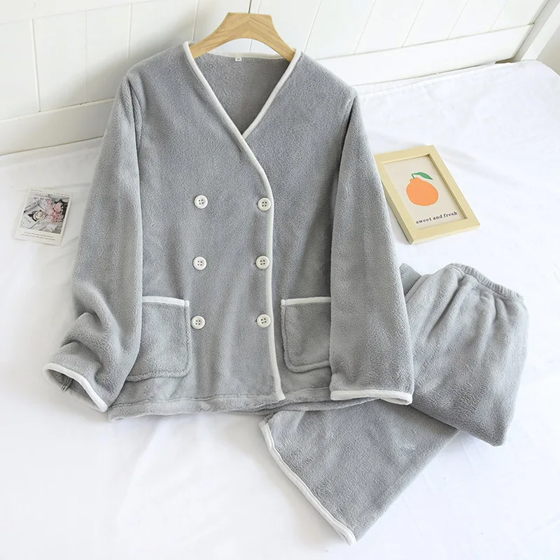 Autumn and winter new women's coral fleece pajamas long-sleeved trousers two-piece flannel women's plus size warm homewear suit