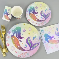 mermaid party disposable tableware tablecloths plates cups mermaid birthday party decoration kids 1st baby shower supplies