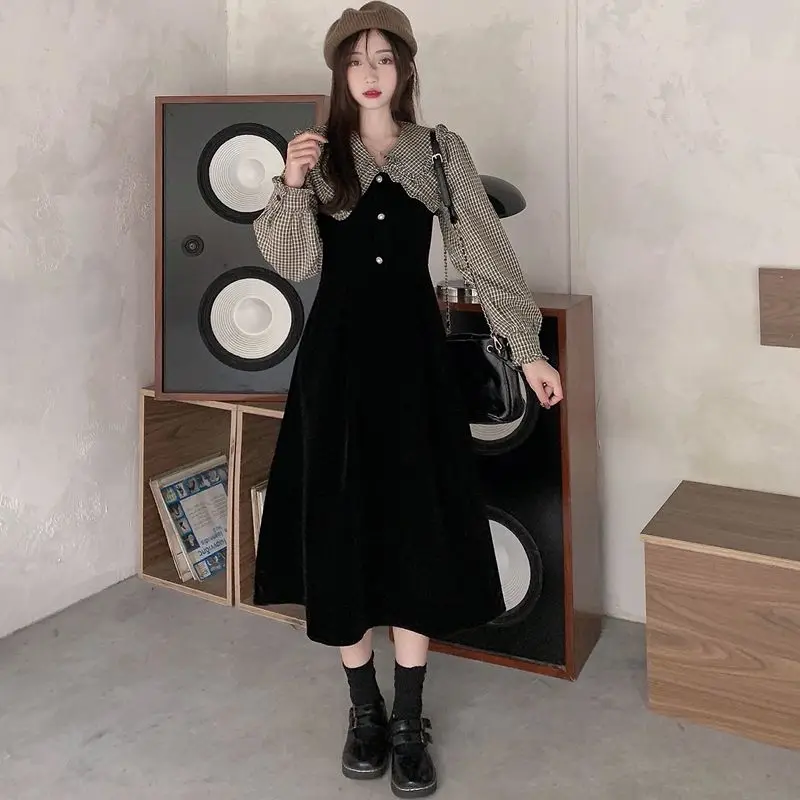 

Женское двухслойное платье в клетку, новое осеннее платье с большими лацканами и рукавами-фонариками, 2022