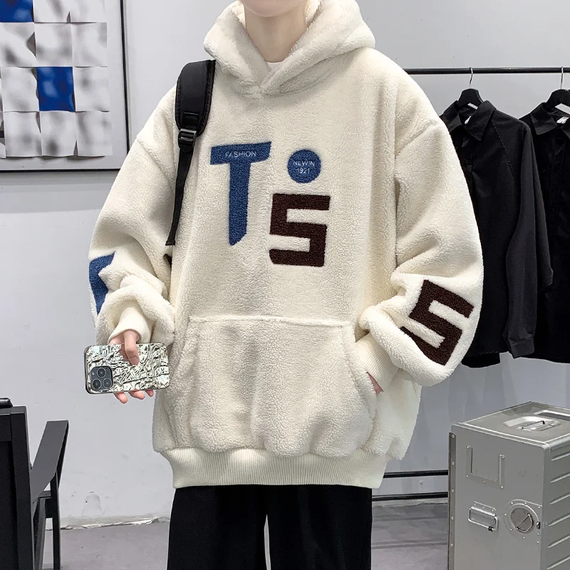 

Зимние флисовые мужские свободные свитшоты Hybskr с вышивкой, модная теплая мужская одежда из овечьей шерсти