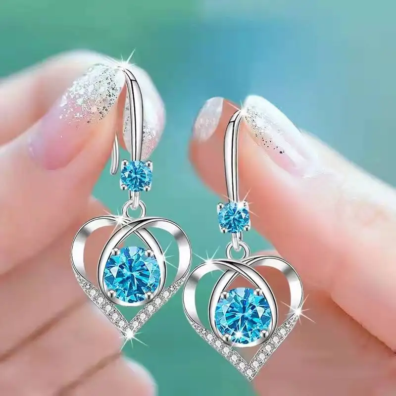 Fashion Ladies Stainless Steel Heart Love Cross Long Crystal Diamond Sapphire Pink Gemstone Earrings Pendant Bridal Engagement W