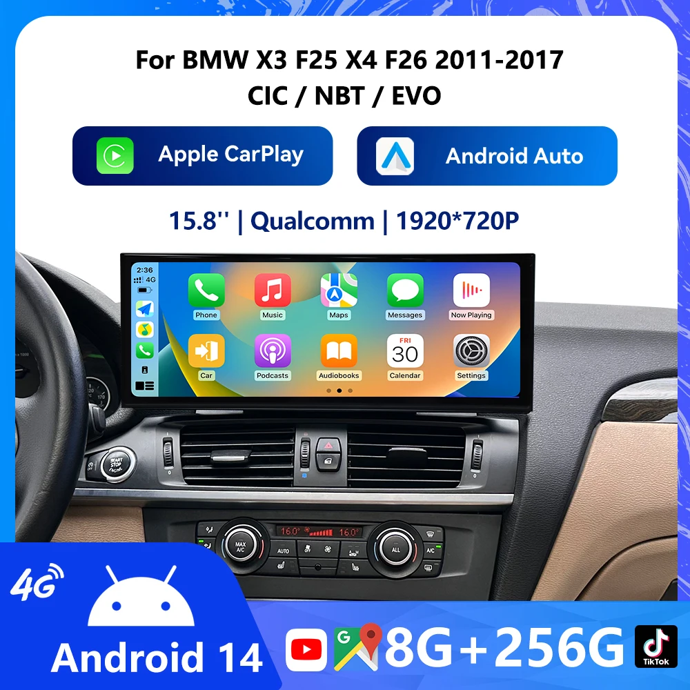 

15,8-дюймовый автомобильный радиоприемник Carplay, автоматические мультимедийные мониторы для BMW X3 F25 X4 F26 Android 14, автомобильные аксессуары, навигация DSP