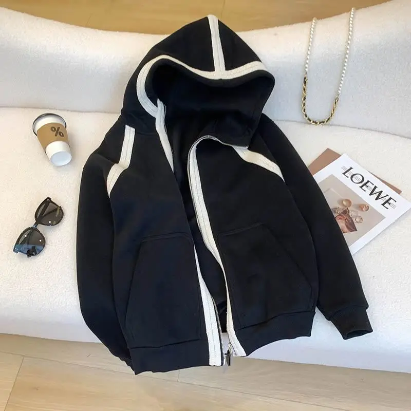 

Black Hooded Coat Women's 2023 Spring And Autumn Leisure Long Sleeve Cardigan Design Feel Loose Coat