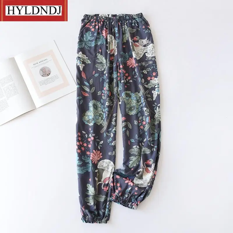 Women Pajama Bottoms Elastic Waist Ankle-Length Pants Sleep Wear Women Lounge Wear Closing Pants Summer Viscose Rayon Printing