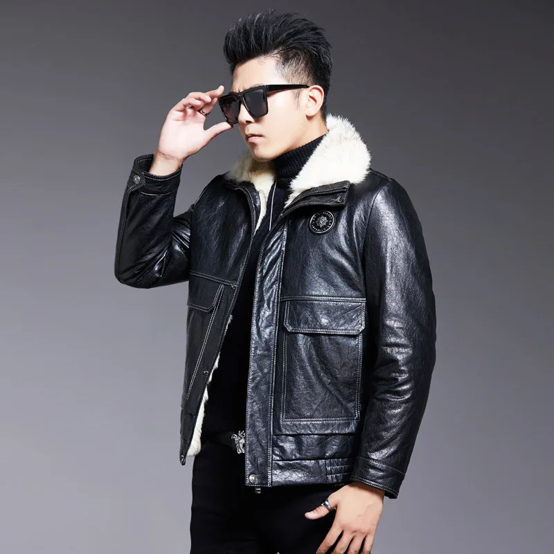 Куртка Tcyeek Мужская короткая Натуральная Воловья кожа роскошная теплая подкладка