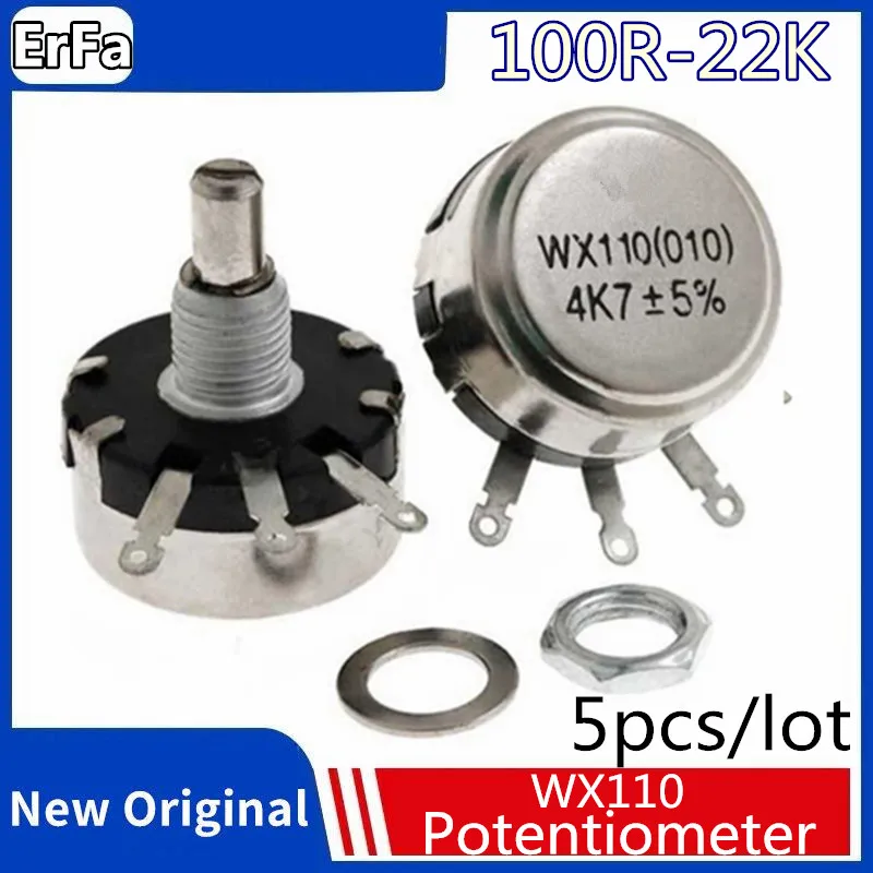 

5pcs WX110 WX010 Round Metal Shaft Single Turn Wire resistor Wound Potentiometer 100R 470R 1k 2.2k 3.3k 4.7K 5.6k 6.8k 10k 22k