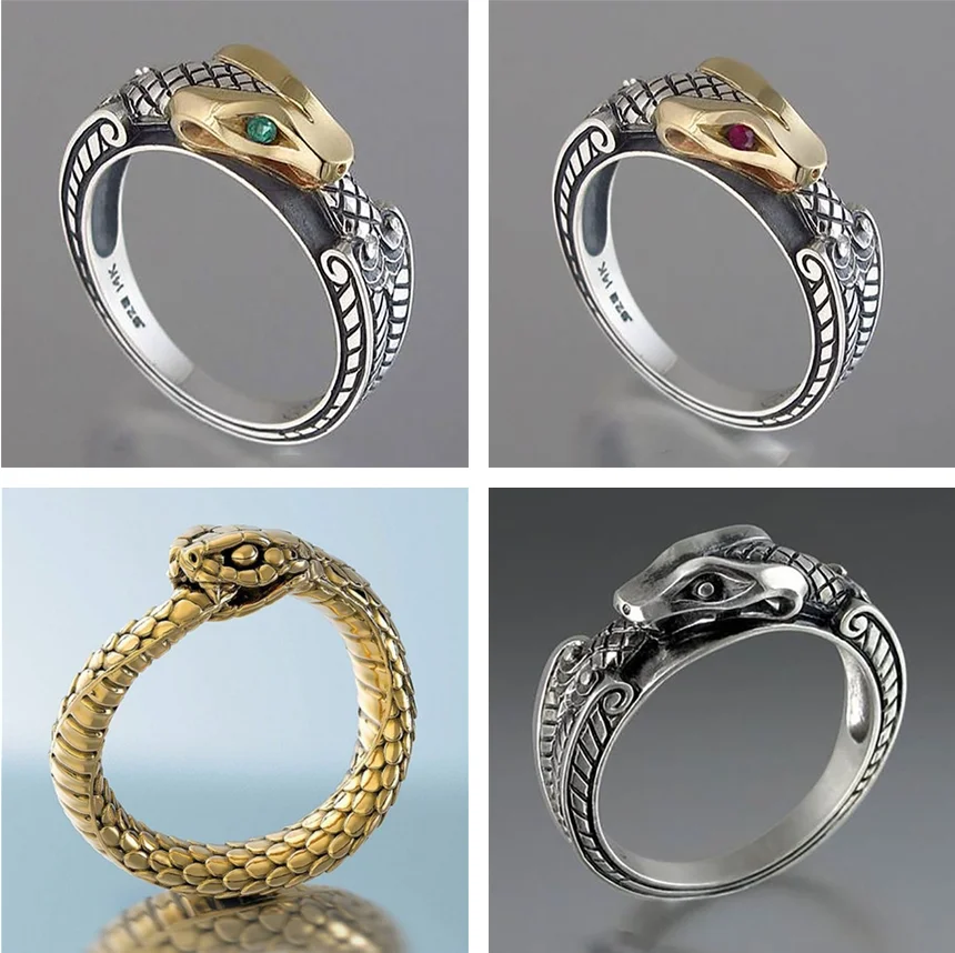 

Classic Engraved Domineering Cobra Snake Texture Inlaid Red Green Crystal Rhinestone Copper Ring for Men Party Jewelry