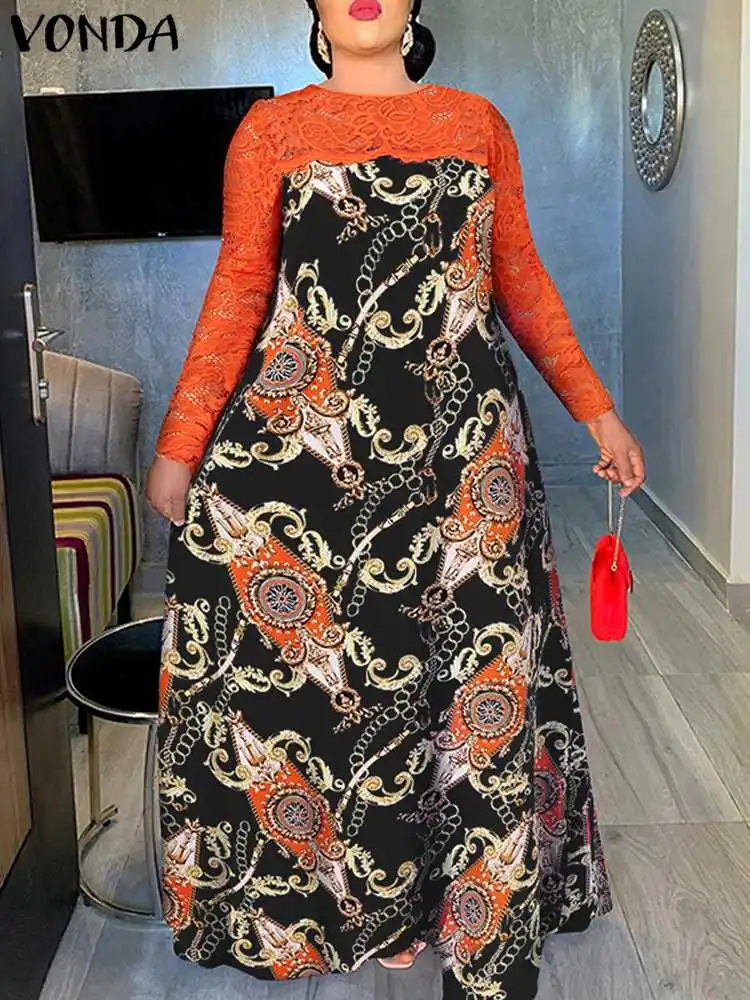 

Богемное кружевное платье VONDA 2022 осеннее женское праздничное платье с принтом и круглым вырезом вечернее женское кружевное Лоскутное Плать...