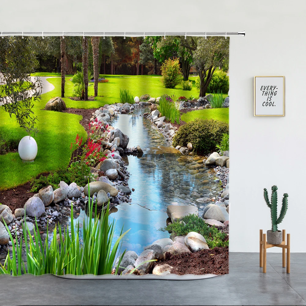 

Park Landscape Shower Curtain Grass Green Plants Red Flowers Creek Garden Natural Scenery Cloth Bathroom Decor With Hooks