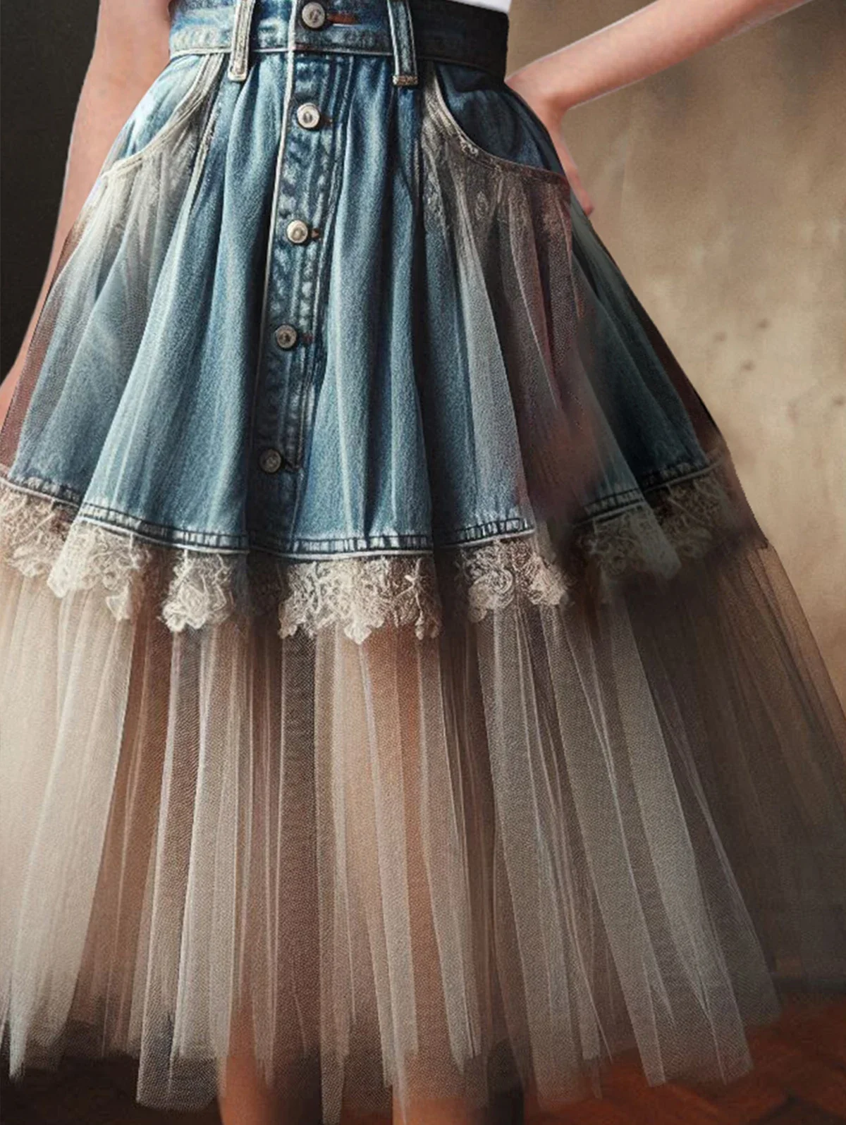 dżinsowa spódnica damska z wysokim stanem Denim Lace Tulle Patchwork A-Line Ruffled Pleated Midi Skirt 2024 Summer Y2k Fashion