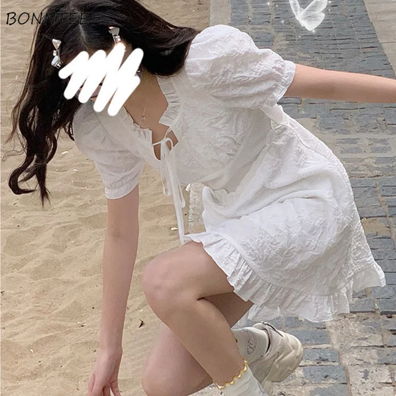 

Женские платья в стиле преппи, милая однотонная Туника на шнуровке, популярная мини-одежда для вечеринки, Повседневная Праздничная нежная в...