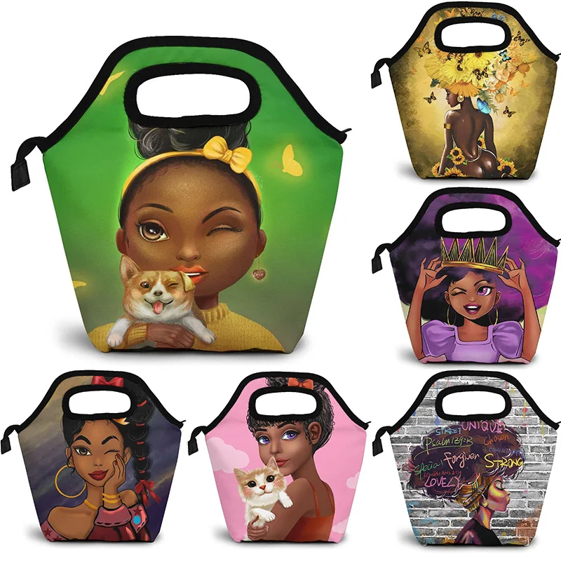 

Afro Black Girl Earphones Lunch Bag Handbag Lunch Kit Insulated Cooler Box for Travel, Picnic, Work, School Reusable Lunch Bag