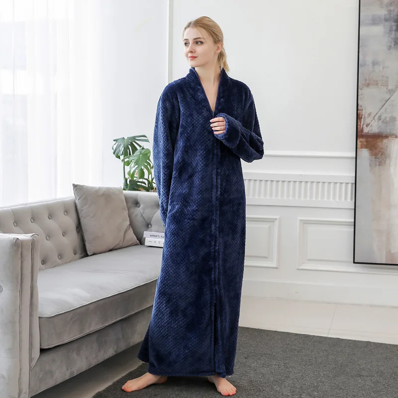 Long-sleeve Velvet Robes Flannel Zipper Men Women Sleepwear Dressing Gown Plus Kimono Winter Warm Long Bathrobe Coral Fleece