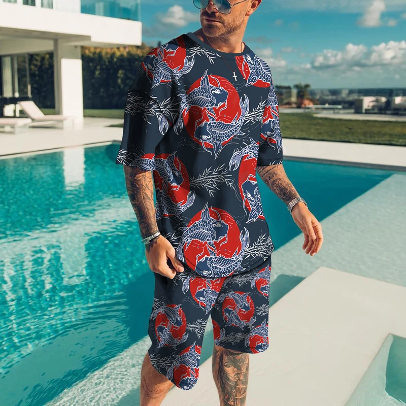 Men Outfit Summer Short Sleeve Chinese Dragon T Shirt Set Fashion 2 Piece Streetwear 3d Printed Sports Beach Shorts Sportswear