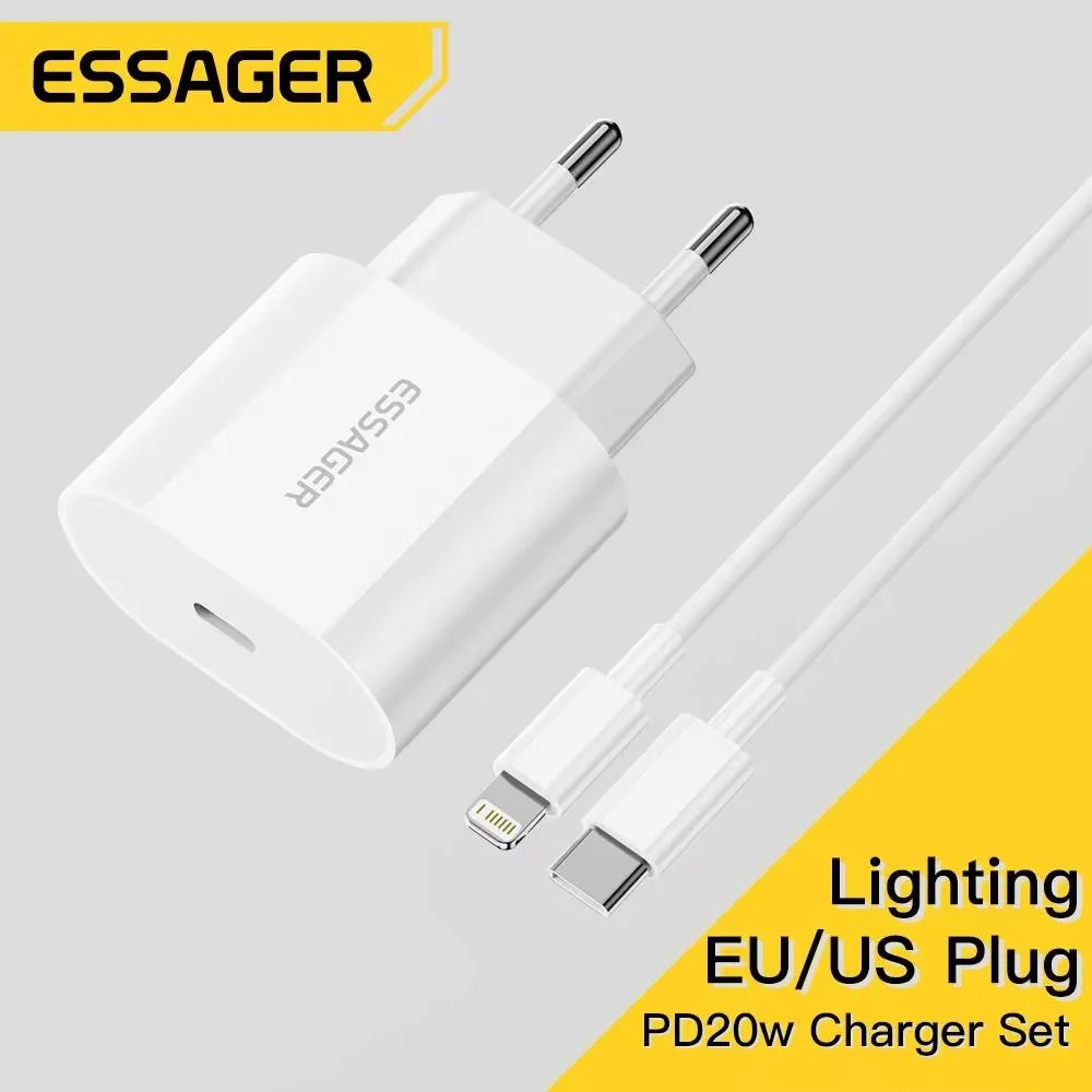 Фото Зарядное устройство Essager 20 Вт, быстрая зарядка Type-C Lightning Charger Set PD QC Quick Charge для iPhone 14 13 12 11 iPad Pro Max №1
