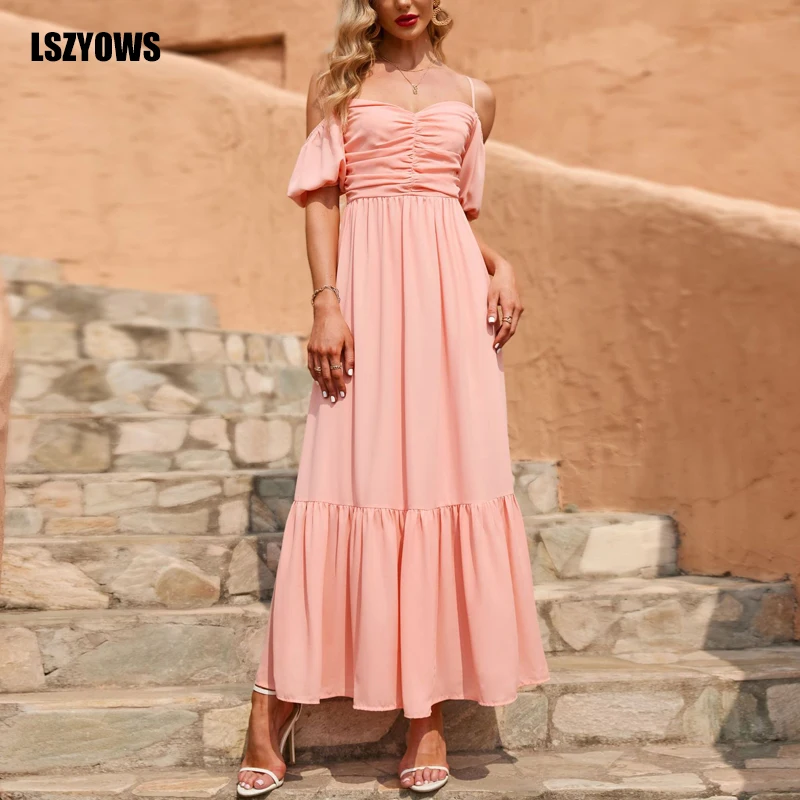 

Summer Women Pink Long Dress Bohemian Spaghetti Strap Casual Beach Dress Elegant Short Sleeve Ladies Party Maxi Dresses Vestidos