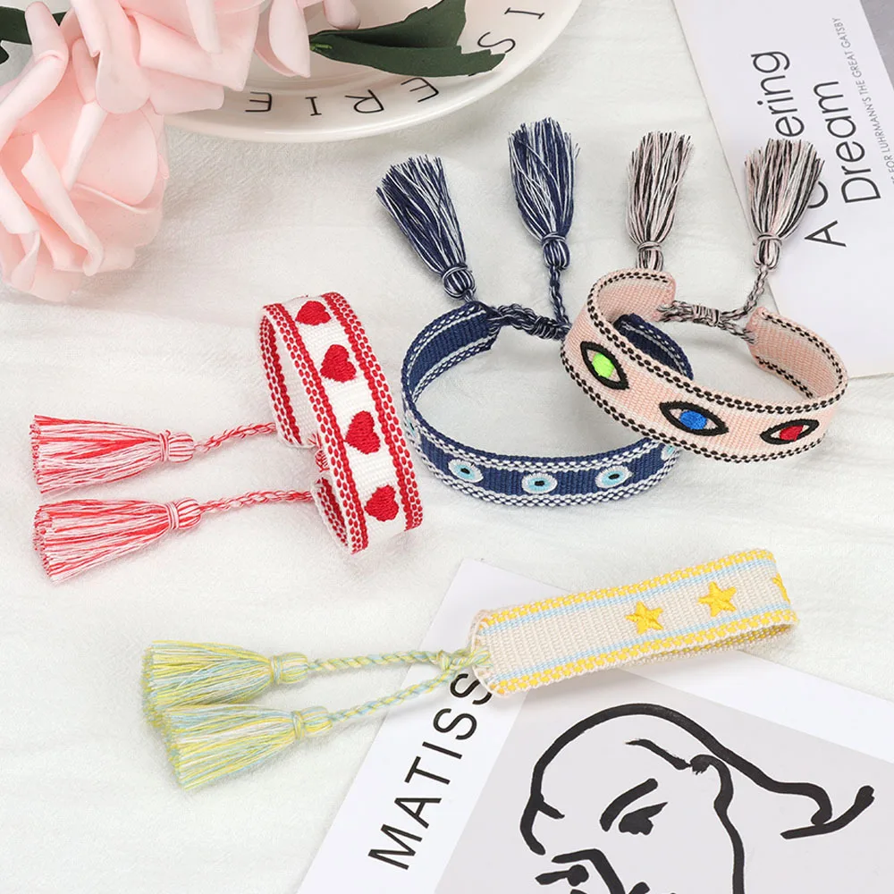 

Bohemia Personality Handmade Weave Embroidery Tassel Bracelet For Women Lucky Eye Heart Star Graphic Bracelet Fashion Jewelry