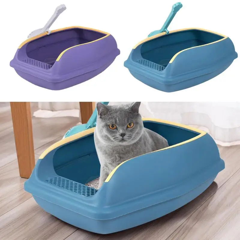 

Cat Litter Box With High Sides Semi Enclosed Movable Fence Open Top Cats Toilet Box Travel Pet Litter Tray For Kittens Small Pet
