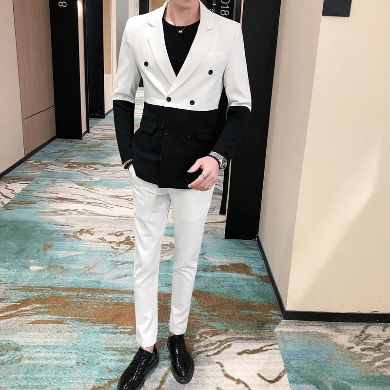 

New Men's (Blazer+ Pants) Fashion Gentleman Korean Version Slim Double Breasted Wedding Double Color Short-sleeved 2-piece Set