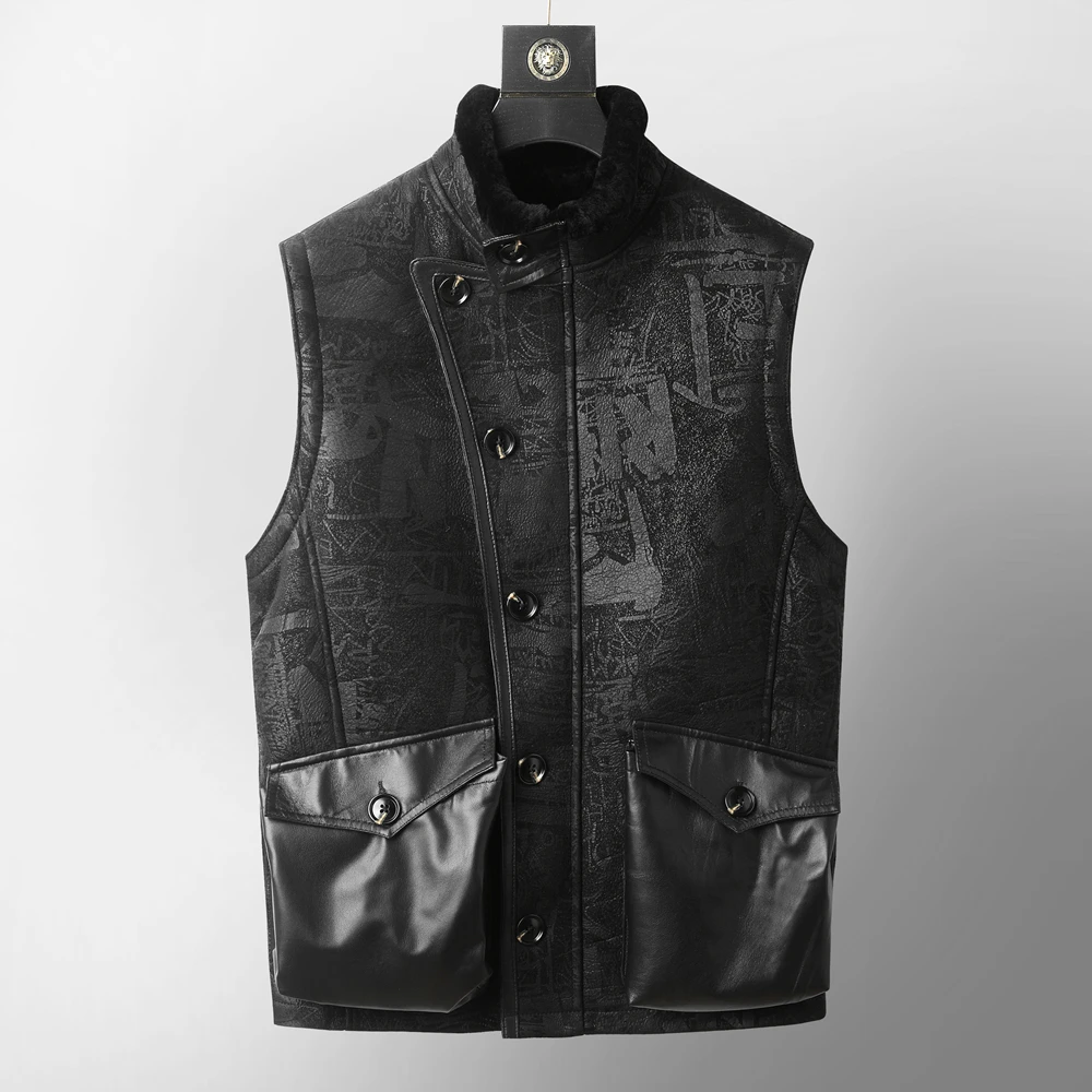 

Мужской зимний жилет GOURS, черный теплый жилет из натуральной овчины, с подкладкой из натуральной шерсти, GSJF2076,