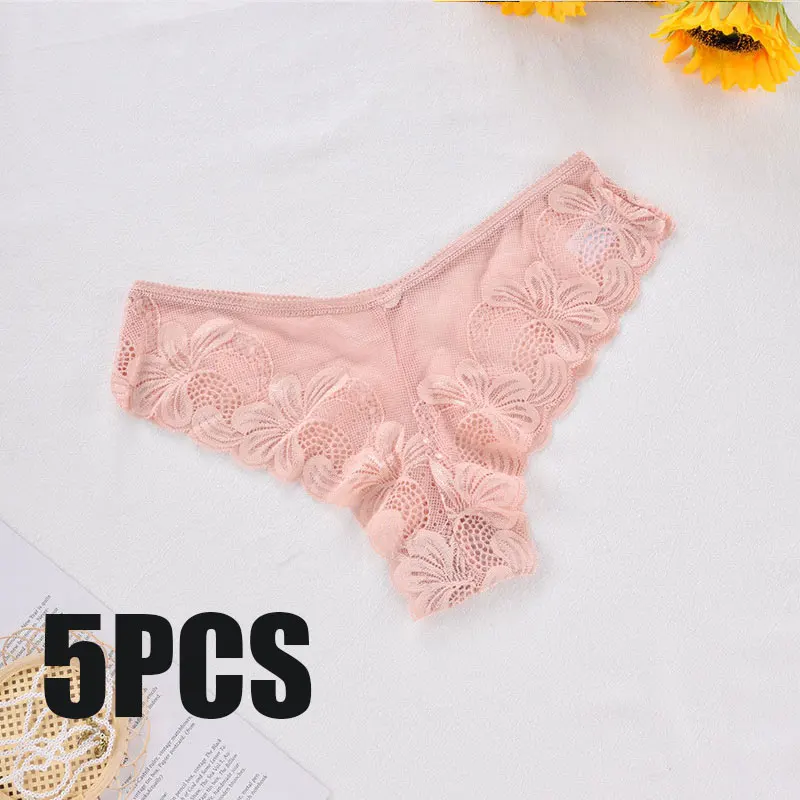 

CHRLEISURE 5PCS/Set Lace Flowers Sexy Thin Women's Thong Traceless Low Waist Speed Dry Pure Desire T-Pants Panties