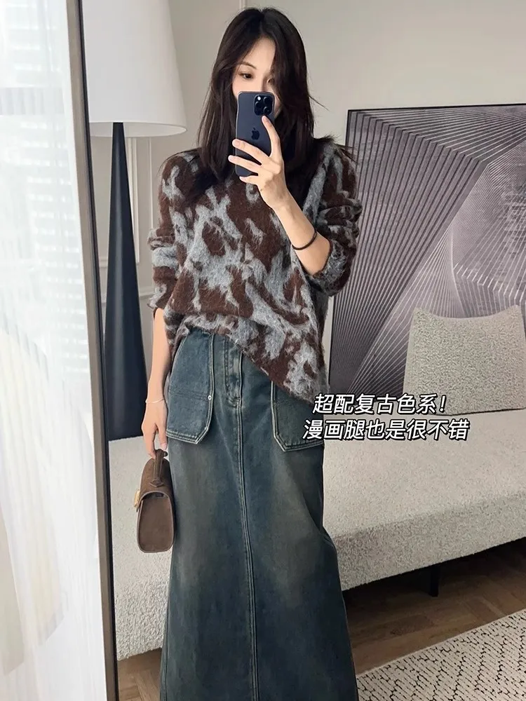 Женский осенне-зимний жаккардовый свитер из шерсти Альпака с круглым вырезом