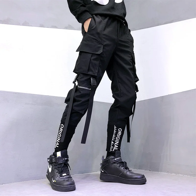 

Joggers Cargo Pants for Men Casual Hip Hop Hit Color Pocket Male Trousers Sweatpants Streetwear Ribbons Techwear Pants