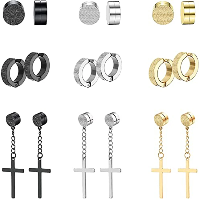 

9 Pairs Stud Earrings Stainless Steel Magnet Mens Clip on Earrings Non Piercing Cross Unisex CZ Hoop Dangle Cross Frosted