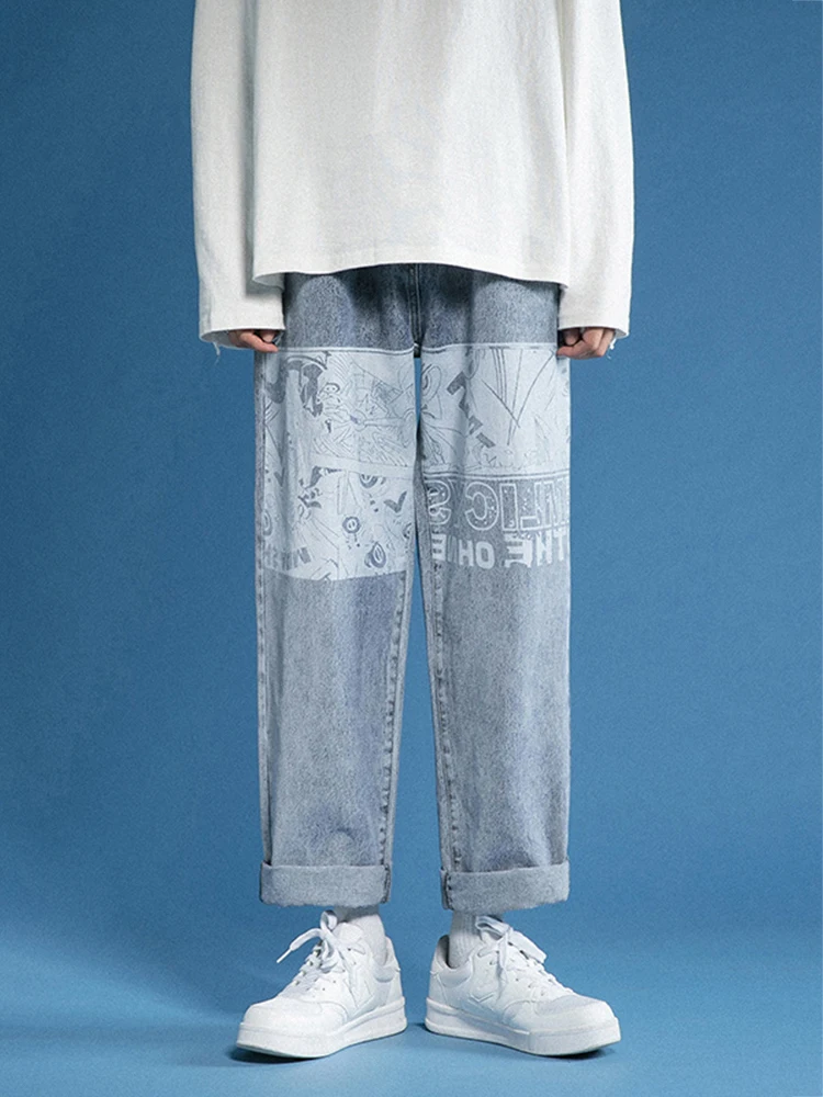 Jeans Men's Fashion Anime Print Trend Wild Loose Straight Wide Leg Pants Streetwear Men's High Street Clothing штаны мужские