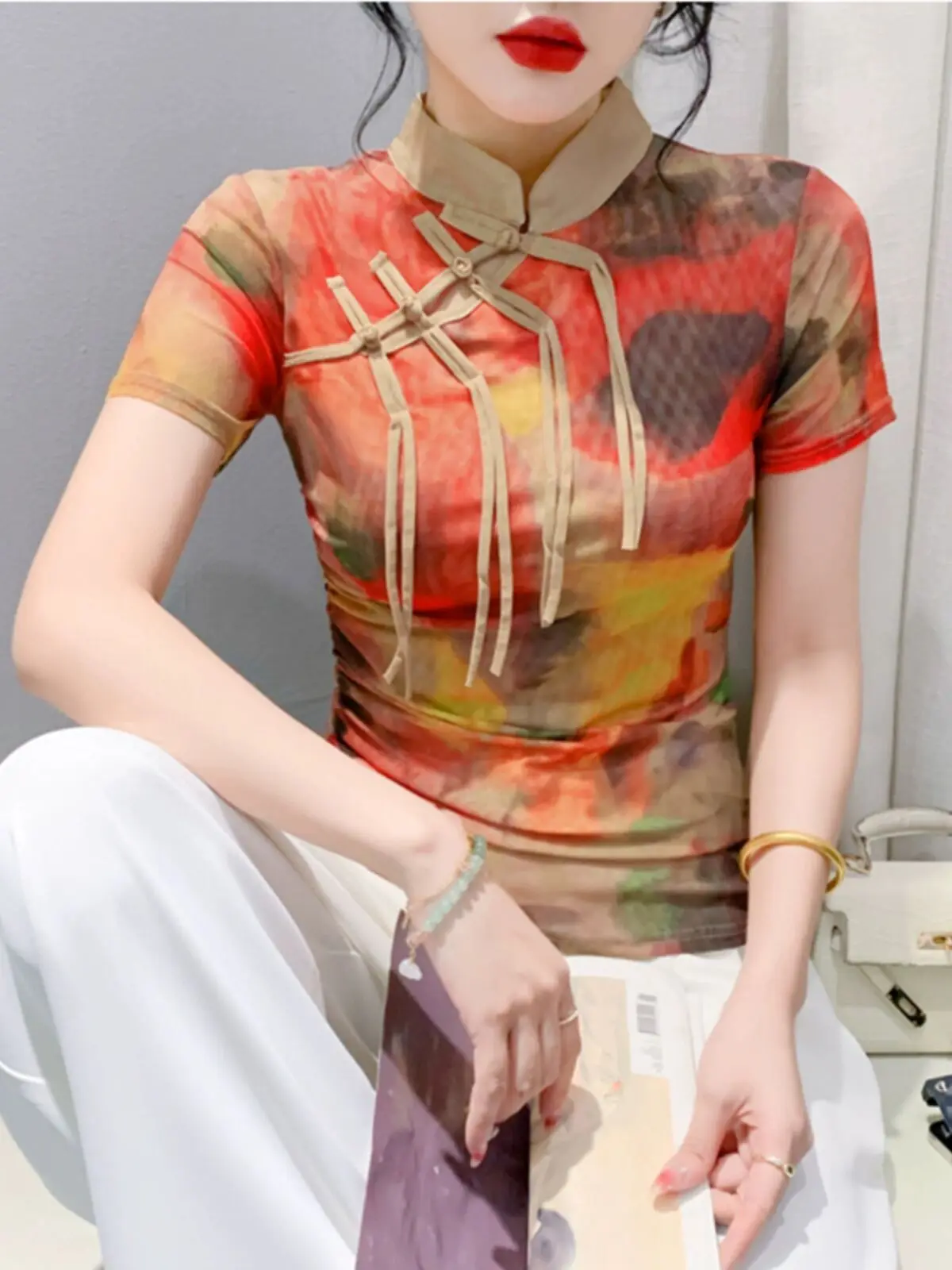 Новинка 2024 женская футболка в китайском стиле на весну и лето с