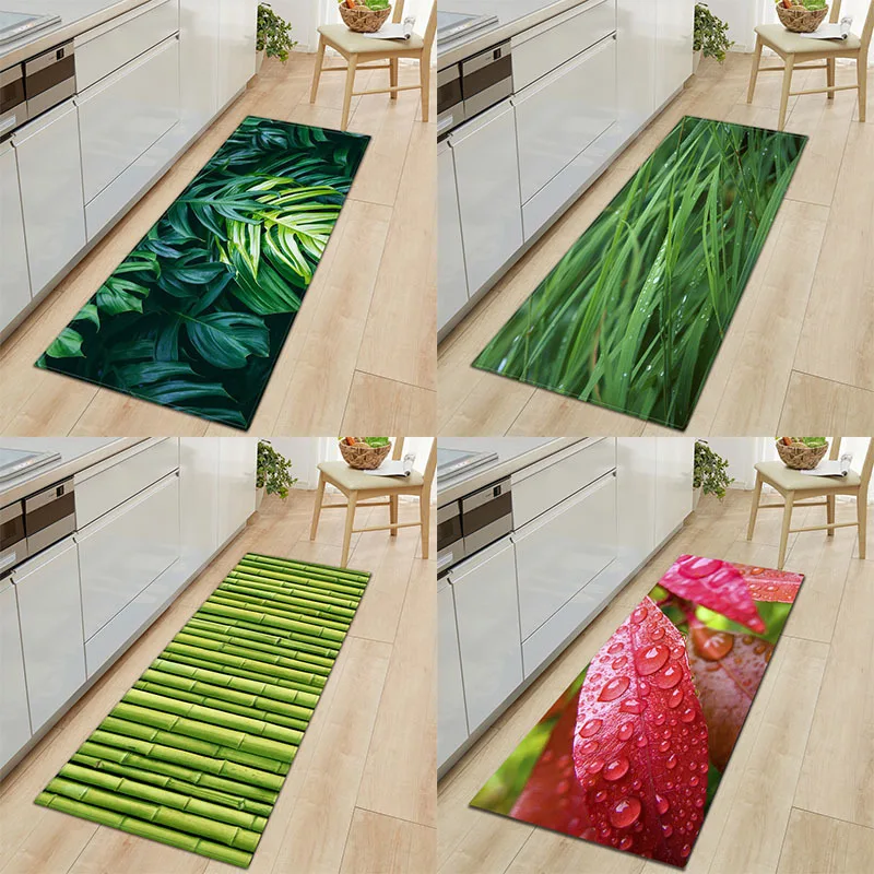 

Summer Non-slip Absorbent Water Kitchen Rug Flannel Bamboo Monstera Green Leaves Floor Mat Carpet Entrance Doormat Home Decor