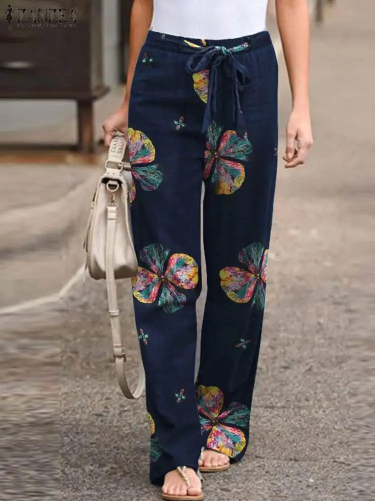 

Women Printed Pants ZANZEA 2022 Kaftan Floral Trousers Autumn Elastic Waist Drawstring Pantalon Palazzo Female Casual Turnip