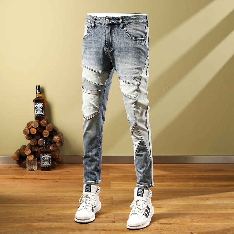 Street Fashion Men Jeans Retro Gray Blue Elastic Skinny Spliced Ripped Jeans Men Patched Designer Hip Hop Stretch Pants Hombre