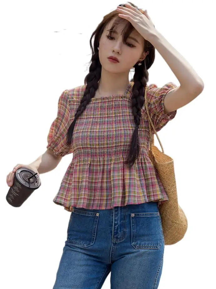 Корейская мода летние эластичные радужные клетчатые топы новая винтажная