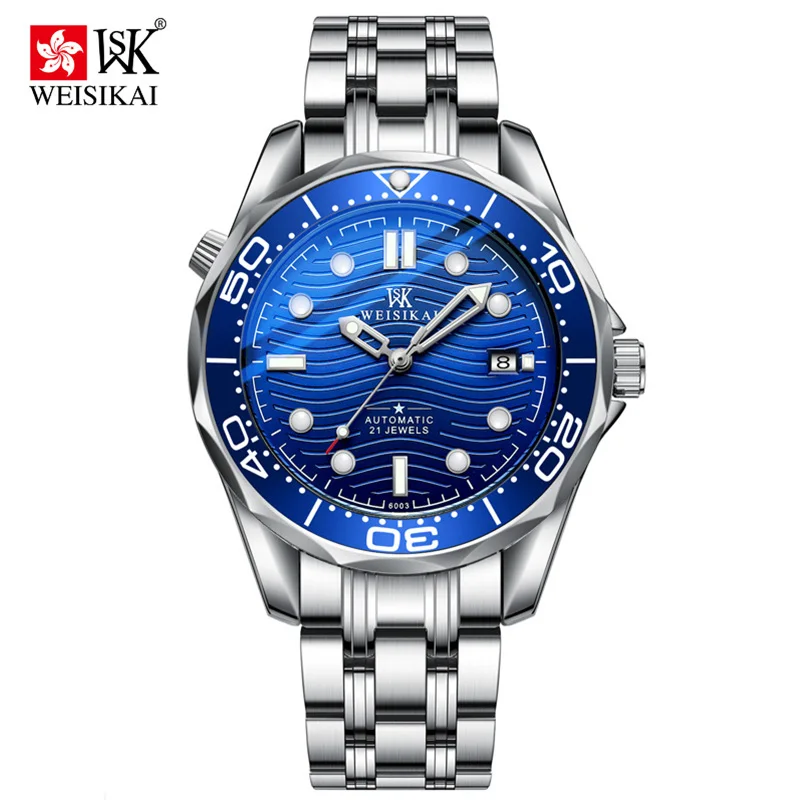 Stainless Steel Mechanical Watches Men Famous Brand Luxury Business Blue Wave Dial Auto Watch Casual Tourbillon Dive Clock Male