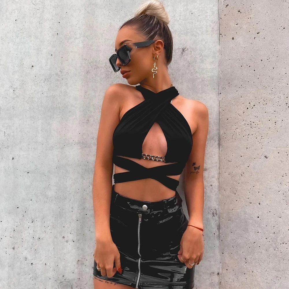 

Женский пикантный укороченный топ, однотонный кружевной бандажный топ с открытой спиной и цепочкой, Клубная одежда y2k, уличная одежда, летни...