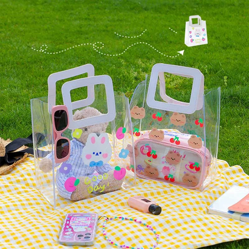 Cute Women Hand Bag PVC Females Kawaii Cartoon Bear Rabbit Sac Summer Beach Pochette Transparent Korean Floral Shopper Tote Bags