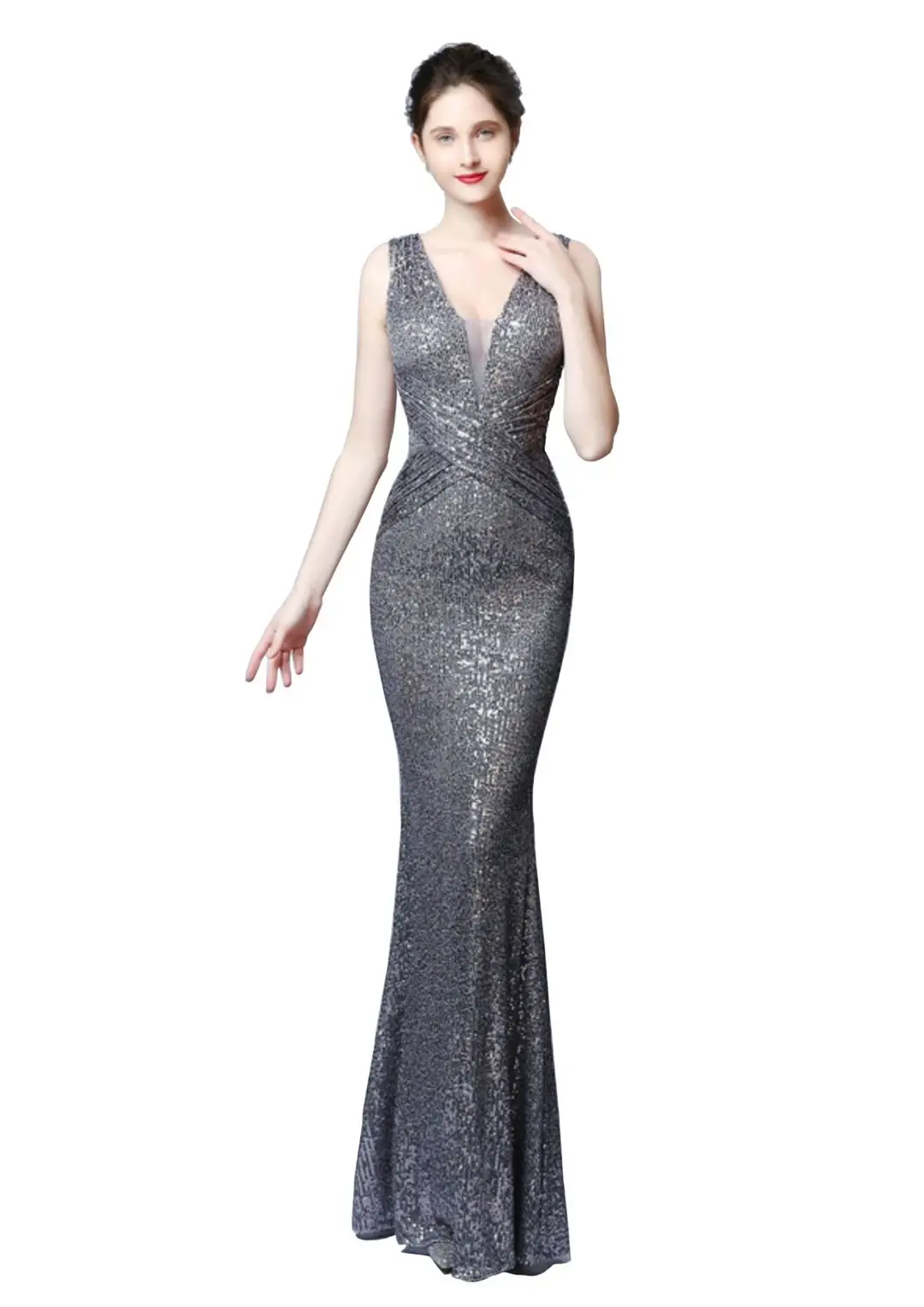 

MOOSSIS Women Sequin Fishtail V Neck Maxi Bodycon Dress with Open Sleeves