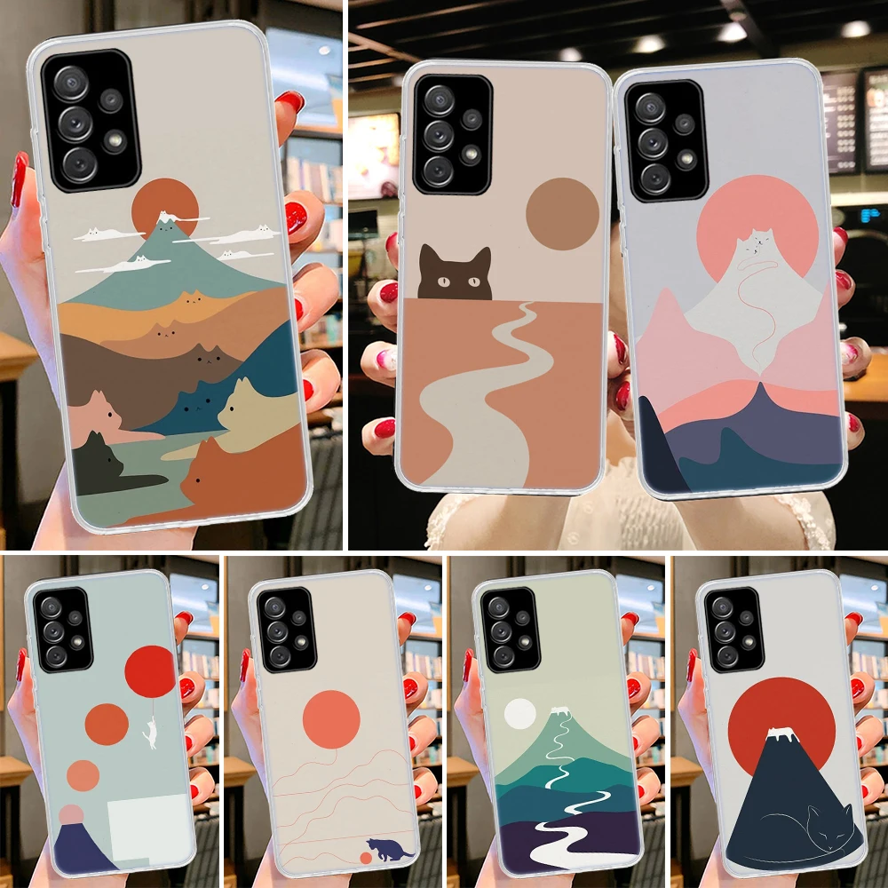 Abstract Art Cat Mount Fuji Japan Landscape Phone Case for Samsung Galaxy A51 A50 A71 A70 A41 A31 A40 A30 A20E A10 A21S A6 + A7