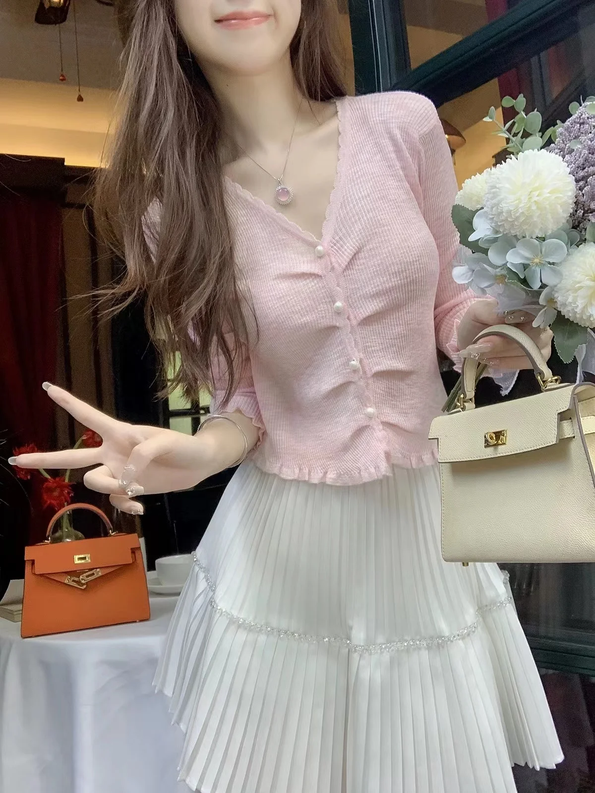 

V-neck Knitted Cardigan Women 2023 New Summer Temperament Wooden Ear Edge Long Sleeve Knitted Top Short Slim Sexy y2k top