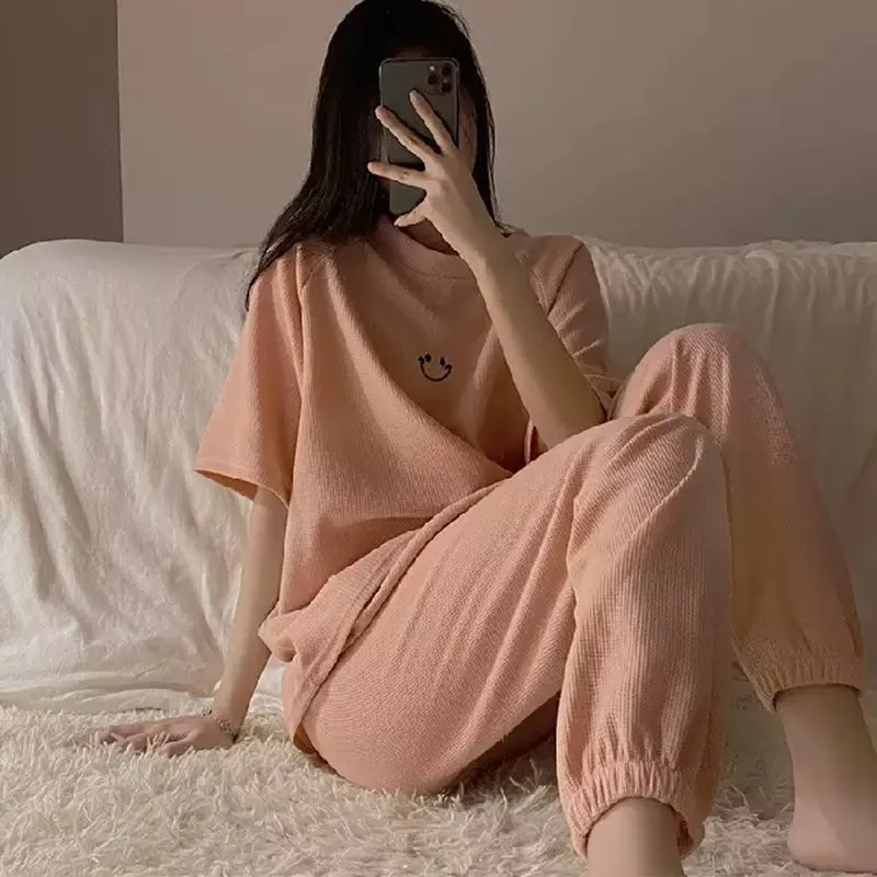 New Summer Korean Pajamas Short-sleeved Pants Pajama Loose Round Neck Wear Outside Sleepwear Large Size Women Girl Home Wear Set