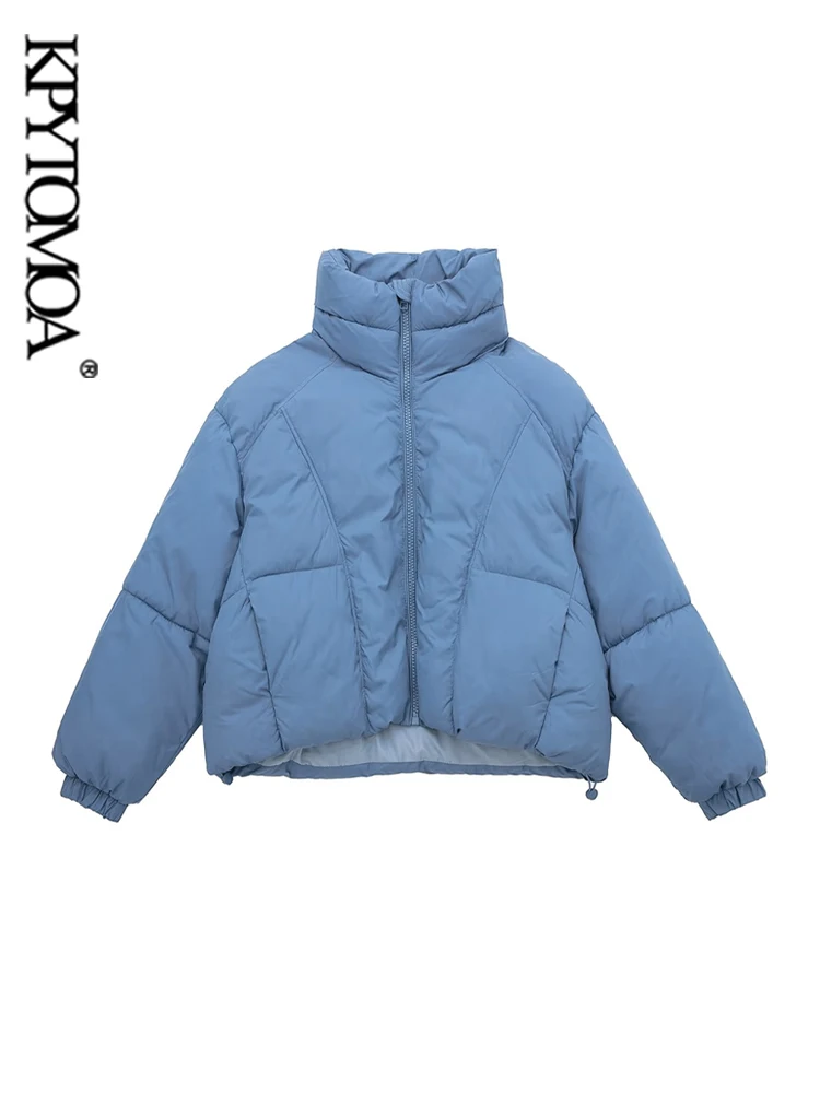 

KPYTOMOA Women Fashion Thick Warm Cropped Padded Jacket Coat Vintage High Neck Long Sleeve Female Outerwear Chic Tops