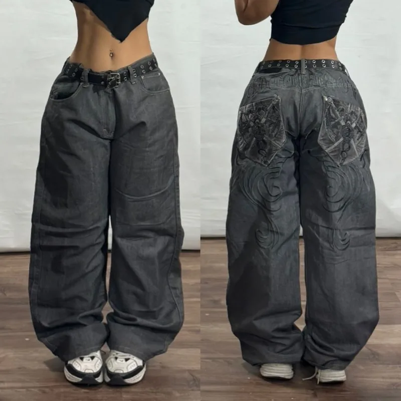 Уличные винтажные новые модные мешковатые джинсы Y2K с карманами и вышивкой