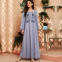 wepbel o neck muslim dress abaya women long sleeve fashion light blue islamic clothing turkey robe embroidery robe maxi dress