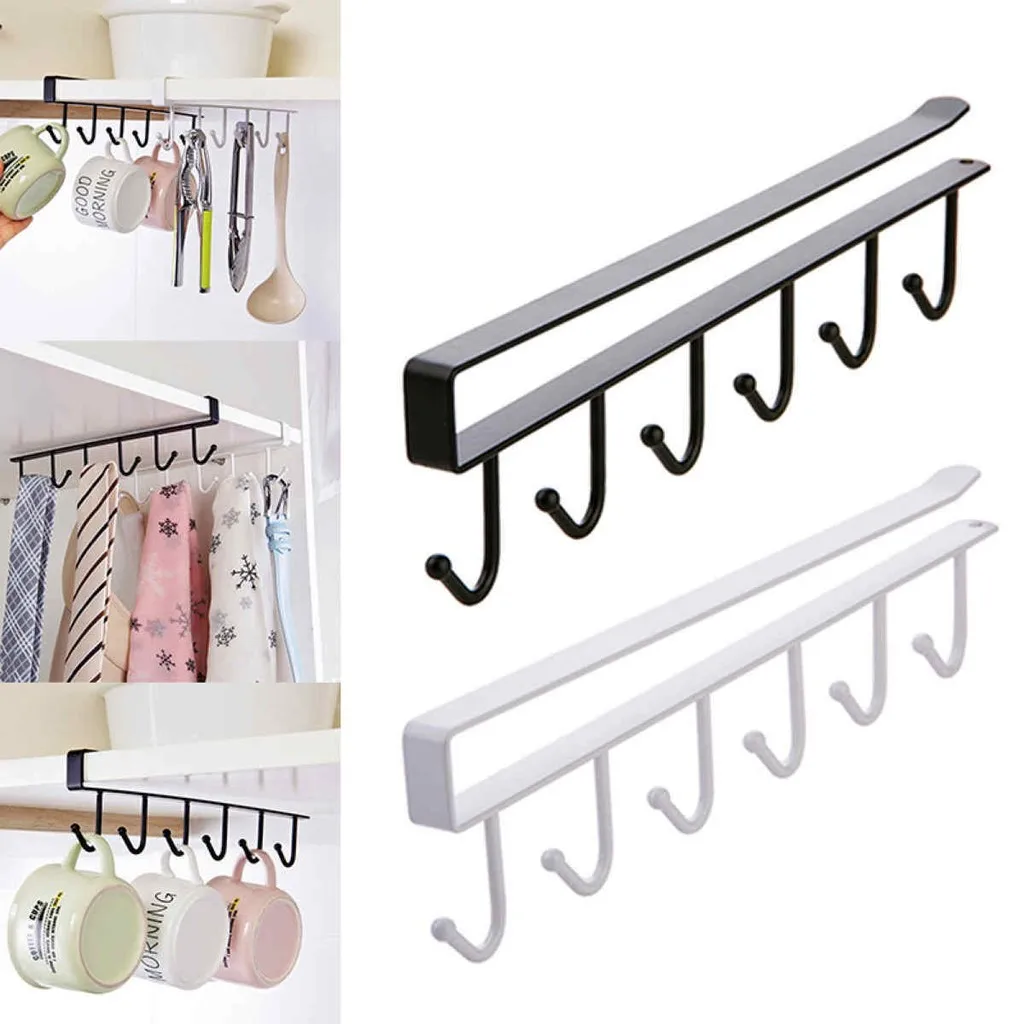 

6 Hooks Cup Holder Hang Kitchen Cabinet Under Shelf Storage Rack Organiser Hook Iron Kitchen Storage Rack Bathroom Organizer